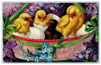 Easter Baby Chicks Hatched Eggs In Basket Flowers Chippewa Falls WI Postcard