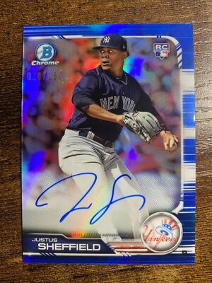 2019 Bowman Chrome Justus Sheffield Blue Refractor Rookie Auto #'d 24/150 RC