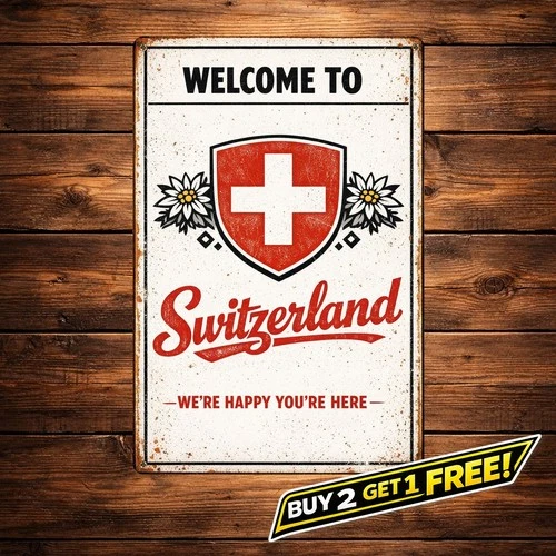 Welcome To Switzerland We're Happy You're Here Vintage Tin Metal Sign