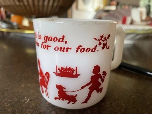 Vintage Hazel Atlas Milk Glass Child's Food Prayer Mug God Is Great Red & White