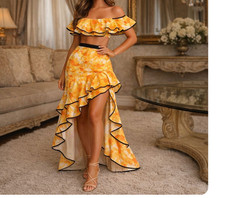 L'Atiste By Amy Bohemian Floral Print Two Piece Off Shoulder Dress Sz S NWT