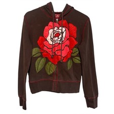 Y2K lucky brand L zip up hoodie rose felted appliqu  indie boho vintage 2000's
