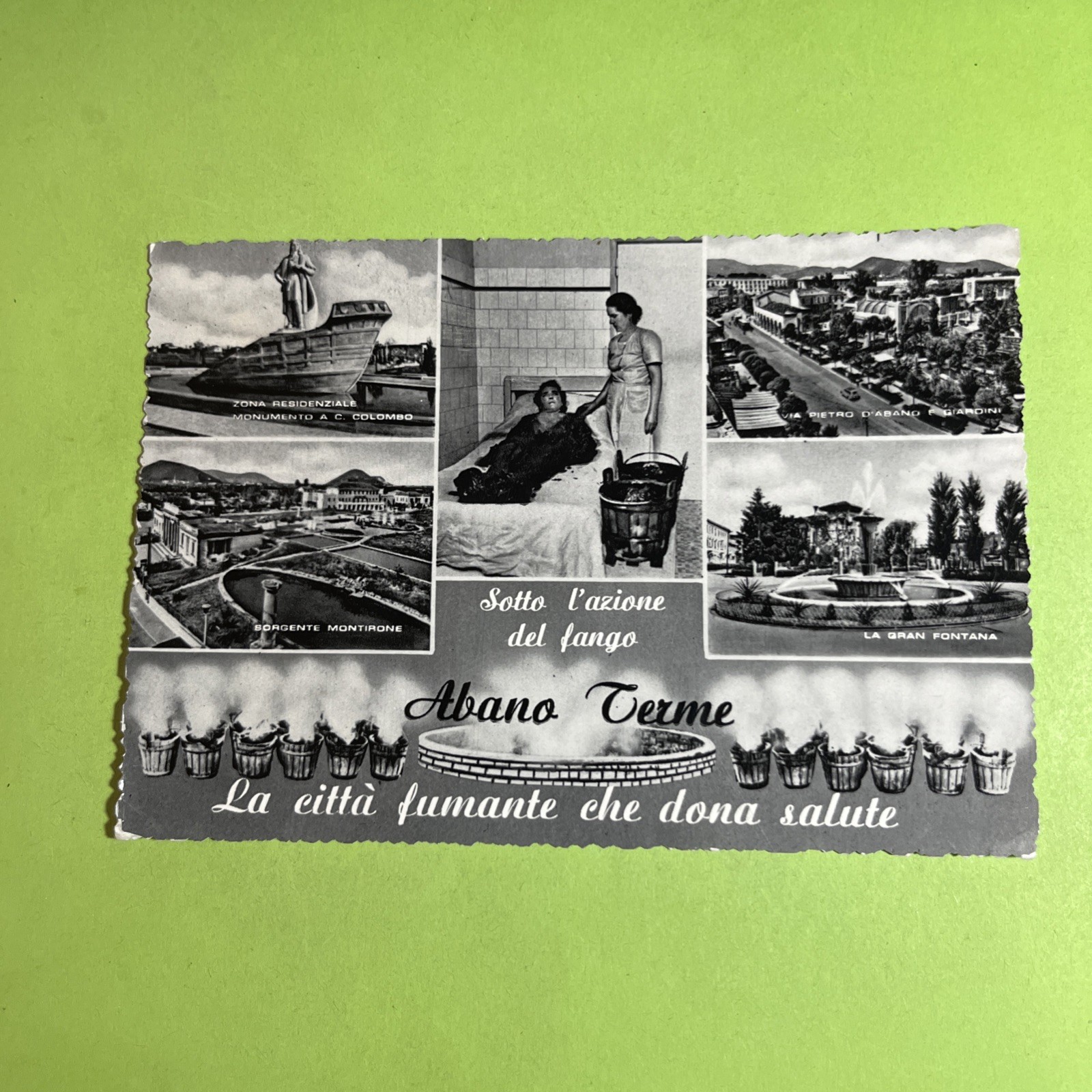 ABANO TERME SOTTO L'AZIONE DEL FANGO CITTA' SALUTE VIAG- CARTOLINA BIANCO E NERO
