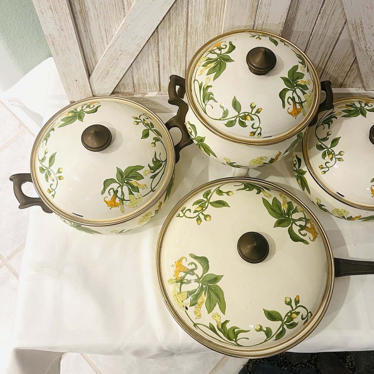 Vintage ASTA German Enamelware Cookware 8 pc Set Sweet Honeysuckle