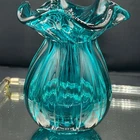 Vintage Murano style Handblown Art Glass Teal Melon Ruffled Vase