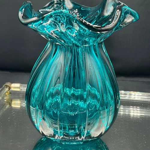 Vintage Murano style Handblown Art Glass Teal Melon Ruffled Vase