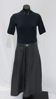 Shoshanna Women's Short Sleeve Knit Leather Bottom Dress AP2 Navy Multi Large