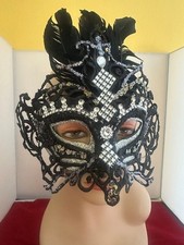 Masquerade Mask Black Silver Venetian Lace Rhinestone Feather Gothic Halloween