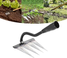 Heavy Duty Garden Rake 4 Tines – All Steel Hand Tool for Weeding & Planting Fr