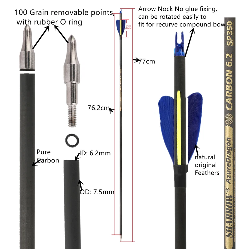 30" Archery Pure Carbon Arrows Spine300-600 2" Heart Natural Feather Shooting - Image 2 of 4