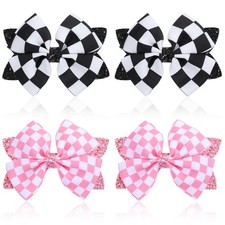 Mabor 4Pcs Checkered Flag Hair Bow Clips, Pink, Black and White Funky Checker...