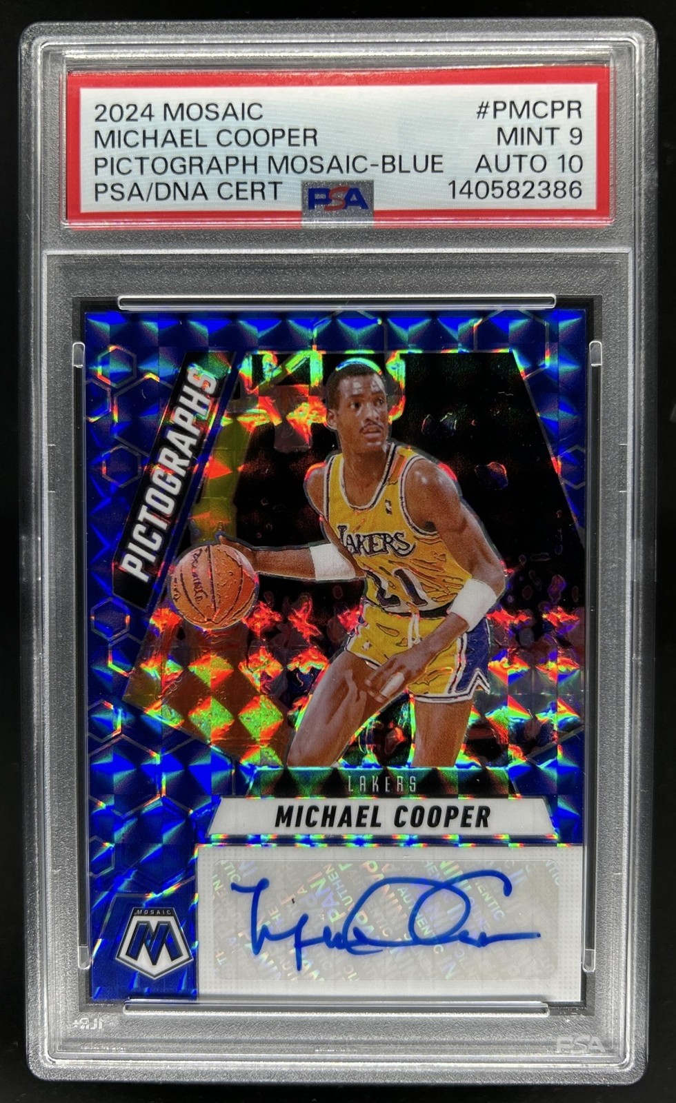 2024-25 Mosaic Michael Cooper Mosaic Pictographs Blue Auto #/35 PSA 9 Auto 10