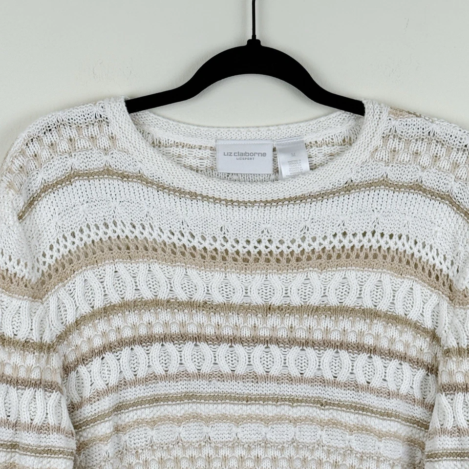 Suéter Pullover Liz Claiborne LizSport Para Mujer Mediano Blanco Beige Tejido Abierto Foto 3 de 4