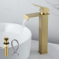 Brushed Gold Vessel Sink Faucet, Tall Vanity Waterfall Single Handle Bathroom...
