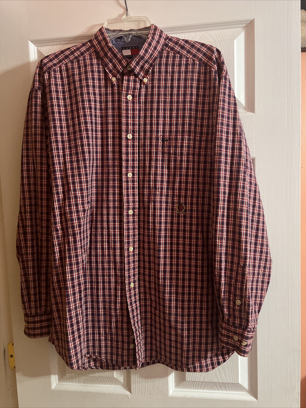 Men's Large Red Plaid Button Down Shirt by Tommy Hilfiger