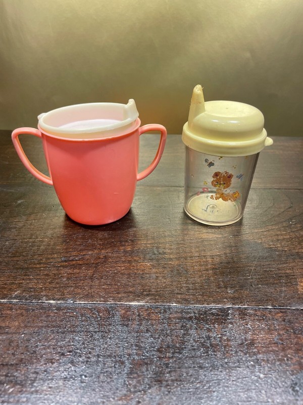 2 Vintage Baby Pink Yellow Plastic Toddler Sippy Cups