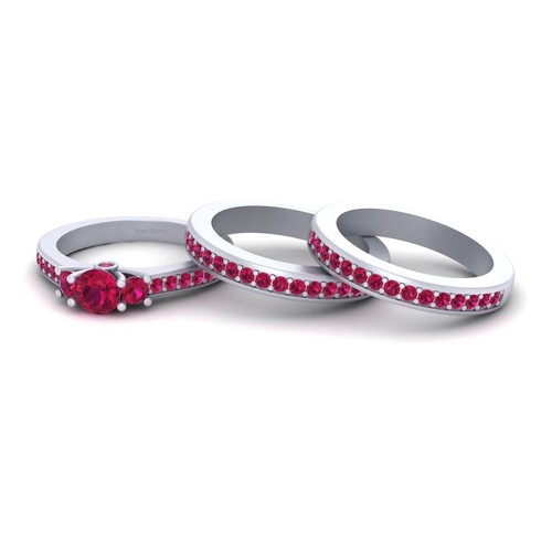 3 Stone Wedding Ring Set Three Stone Lab Created Pink Ruby Engagement - Picture 2 of 7