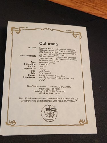 Colorado Seal & United States Seal Coin And Colorado Post Card - Picture 6 of 7