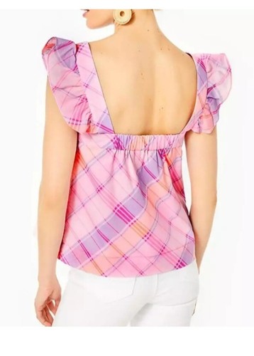 LILLY PULITZER Reyna Top Pink Isle Madras Plaid Sleeveless Blouse Size Med NWT - Picture 2 of 5