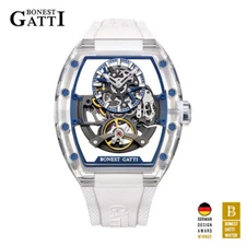 BONEST GATTI Men Tonneau Skeleton Sapphire Tourbillon Automatic Mechanical Watch