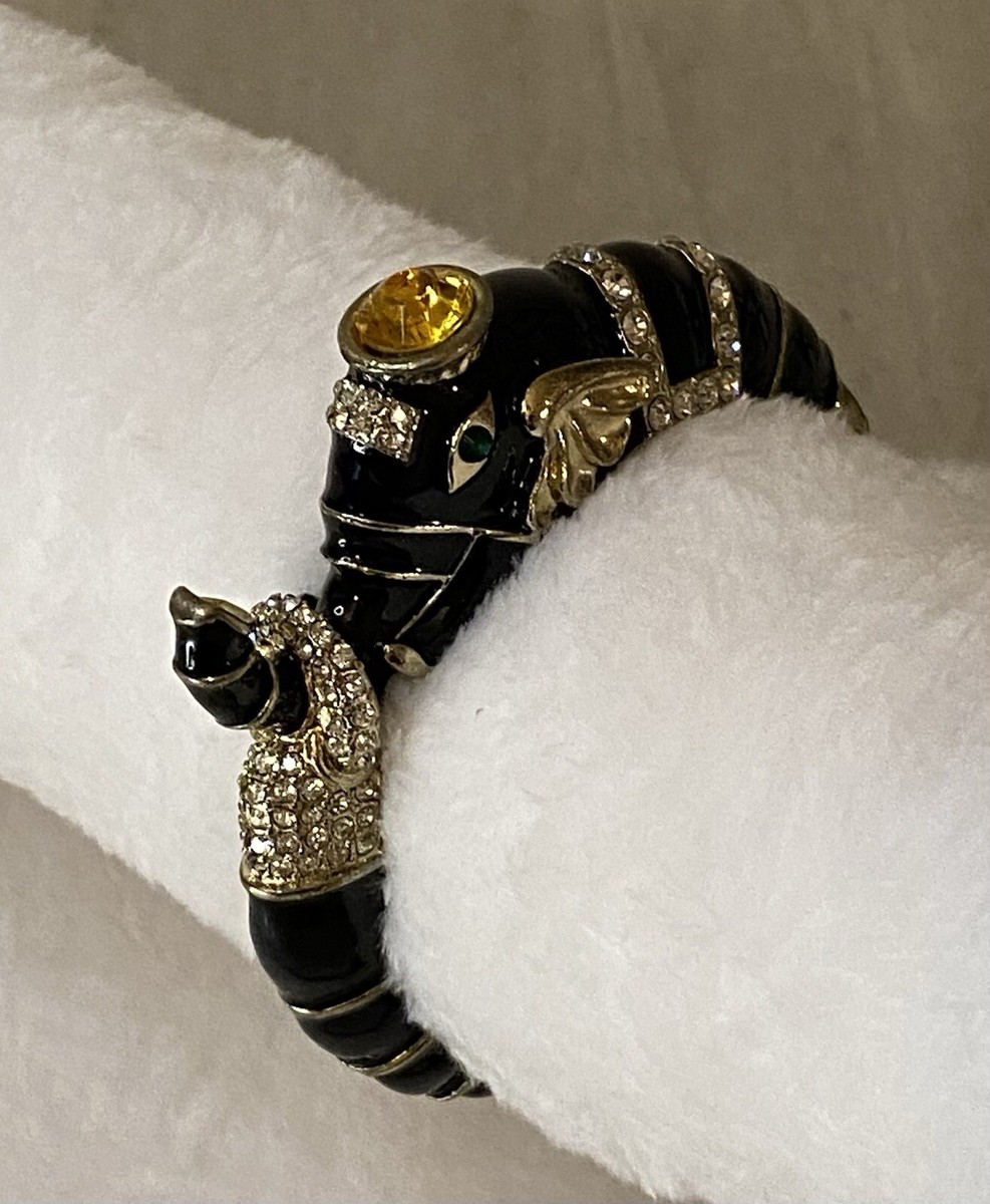 ELEPHANT Gold an Black Enamel BANGLE CUFF Hinged Bracelet  display picture 2