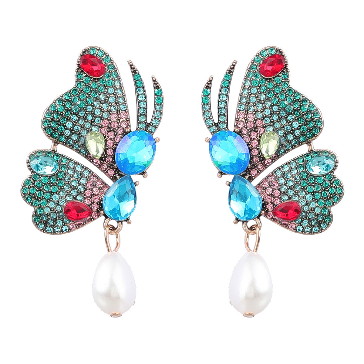 Multicolor Butterfly Wings Earrings Crystal Rhinestone Pearl Women Earbob Dangle