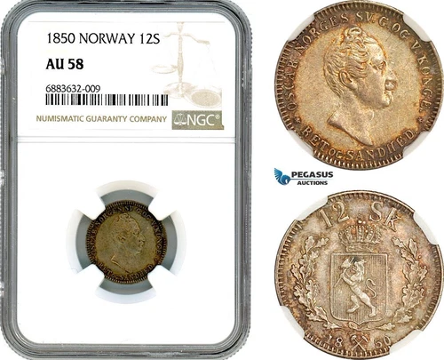 AJ618, Norway, Oscar I, 12 Skilling 1850, Kongsberg Mint, Silver, NGC AU58