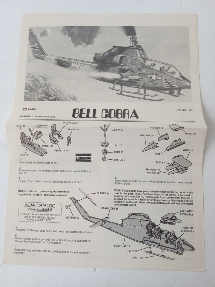1978 LINDBERG BELL COBRA HELICOPTER Model Kit No. 1143 Assembly