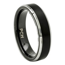 Mens Black Tungsten Ring 6mm Comfort Fit Beveled Edge size 8 to 15 Wedding Band