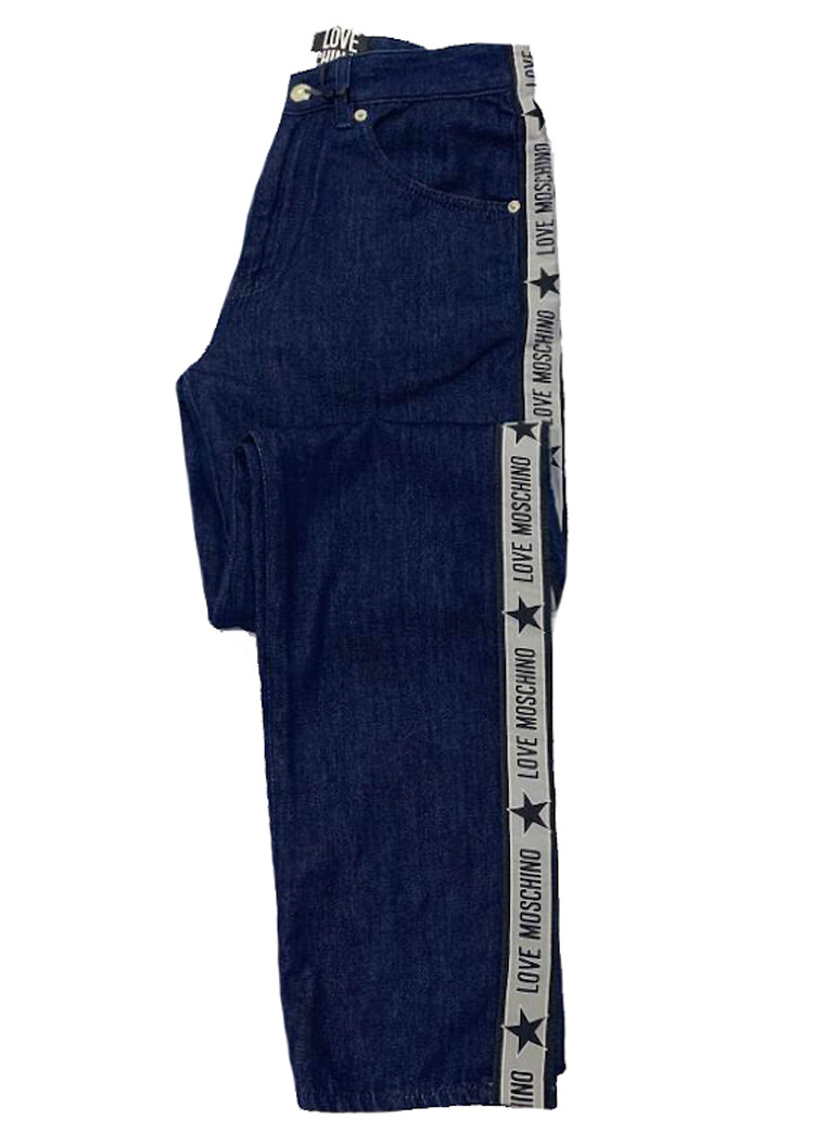 New Mens Love Moschino Classic Fit Logo Taped Leg Blue Denim Jeans