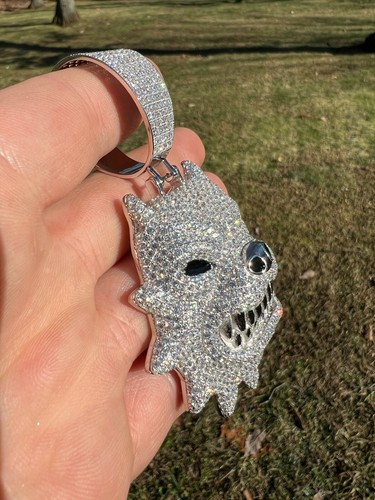 Huge 3.5" Iced Hip Hop 925 Silver Angry Pitbull Dog Animal Pendant Necklace CZ - Picture 7 of 14
