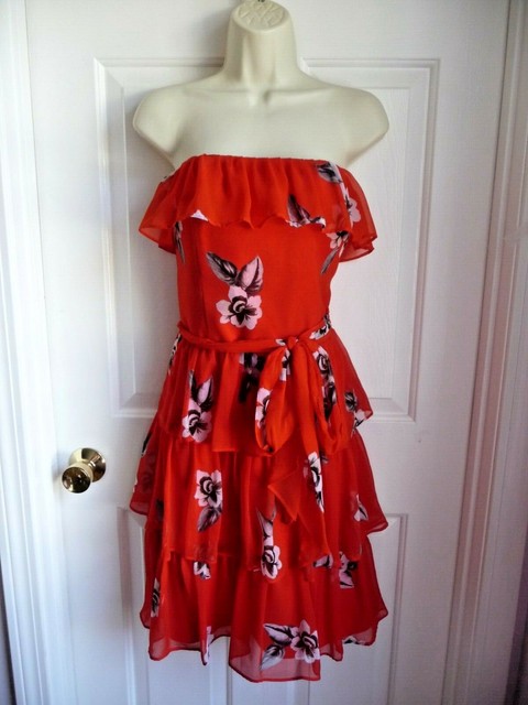 White House Black Market Dress 12 RED Strapless Ruffled Floral Pattern Festive | eBay