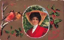 VINTAGE CHRISTMAS POSTCARD PRETTY WOMAN IN RED WITH BIRDS AND HOLLY 121222 R