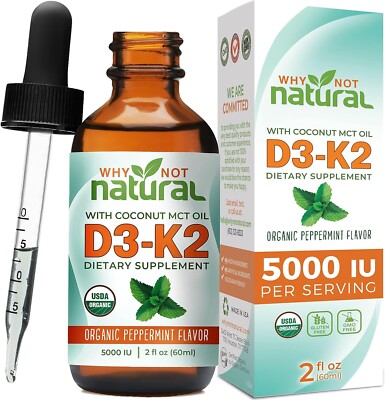 Natural Organic Vitamin D3 K2 (MK-7) Liquid Drops, 5000 IU of sublingual D3 with