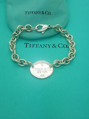 Return to Tiffany & Co. Oval Link Silver 8'' chain charm Bracelet, ASSAY Hallmark