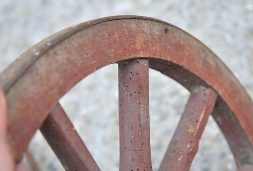 4x small vintage old wooden cart wagon wheels wheel 40.5 cm / 35.5 cm - Picture 7 of 14