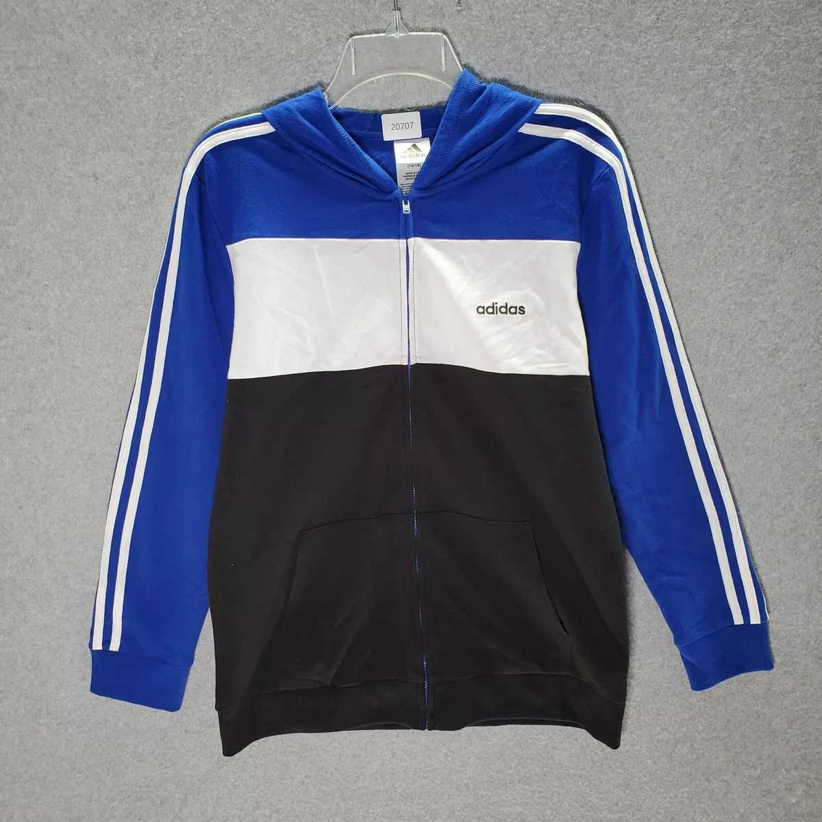 Adidas Boys Jacket Large Blue Black Full Zip Logo Pocket Casual Track Colorblock
