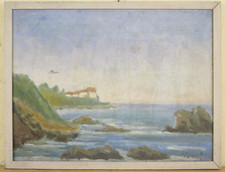 QUADRO AD OLIO FIRMATO PAESAGGIO MARE COSTA TOSCANA DIPINTO VINTAGE CORNICE B7