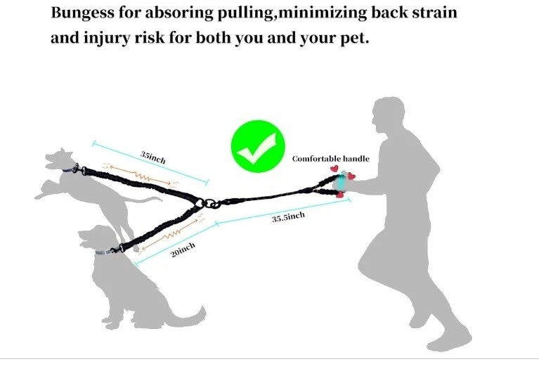 Double Dog Lead Dual Two Way Tangle Free Coupler Split Bungee Pet Leash - image 3 of 4