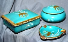 Porcelain Set 2 Cans 1 Ashtray, Turquoise Gold, Bavaria Waldershof, 1950 1960