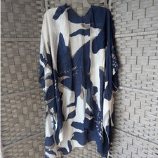 Navy Blue White Floral Kimono Wrap Oversized Viscose Beach Coverup Resortwear
