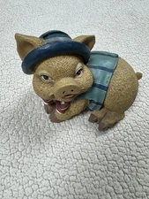Vintage Ceramic Pig Bank Figurine With Hat & Bow 6" Long