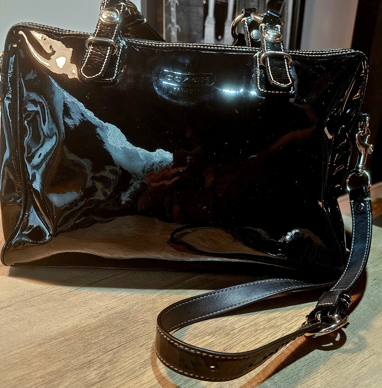 Coach Large Black Patent Leather Satchel with Silver Ocelot Lining