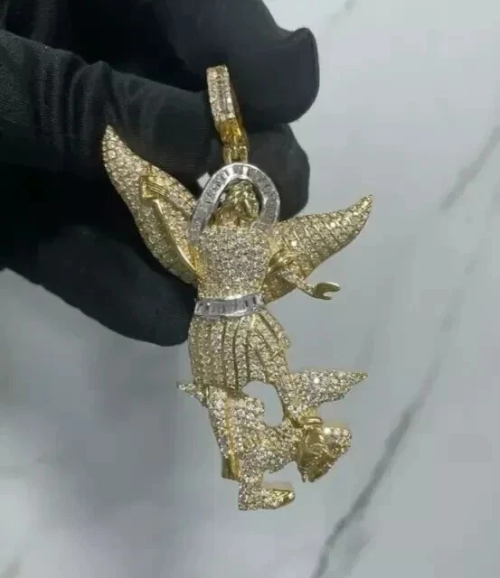 Men's 3Ct Round Cut Real Moissanite Saint Michael Pendant 14K Yellow Gold Plated - Image 3 of 4
