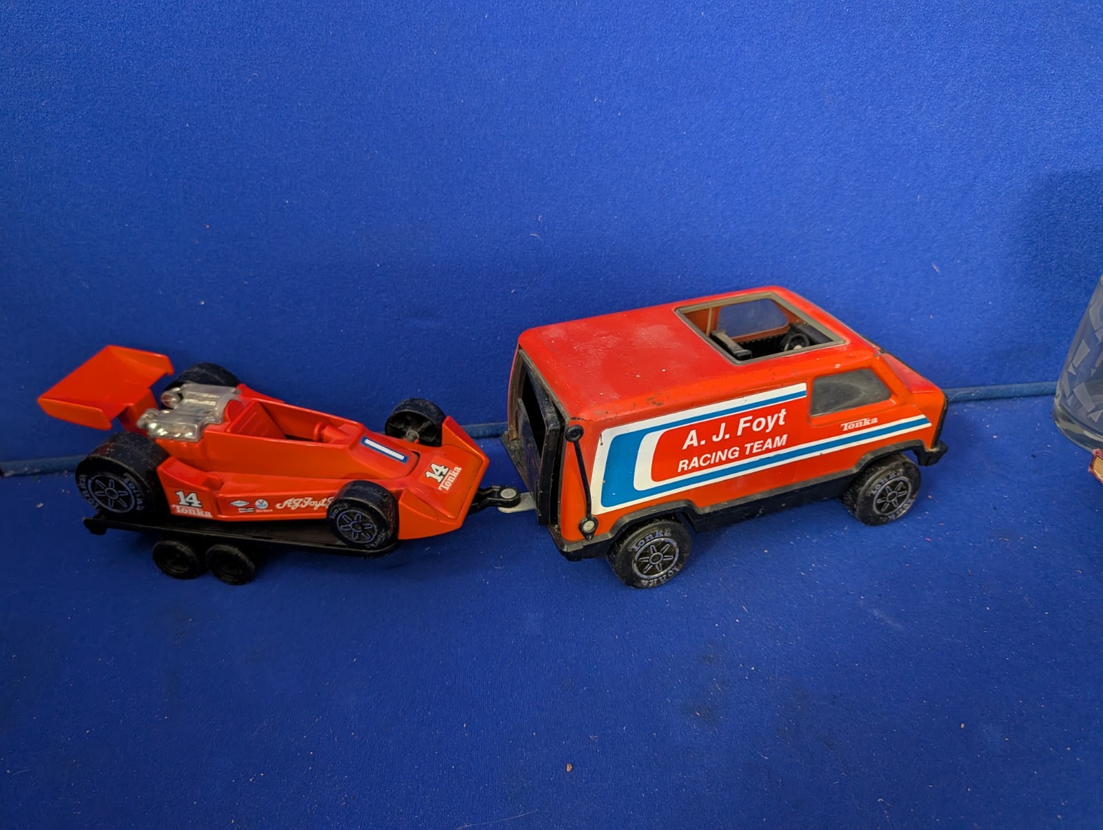Vintage Tonka A J Foyt Indy Race Team Van, trailer  and Race Car #14 1979