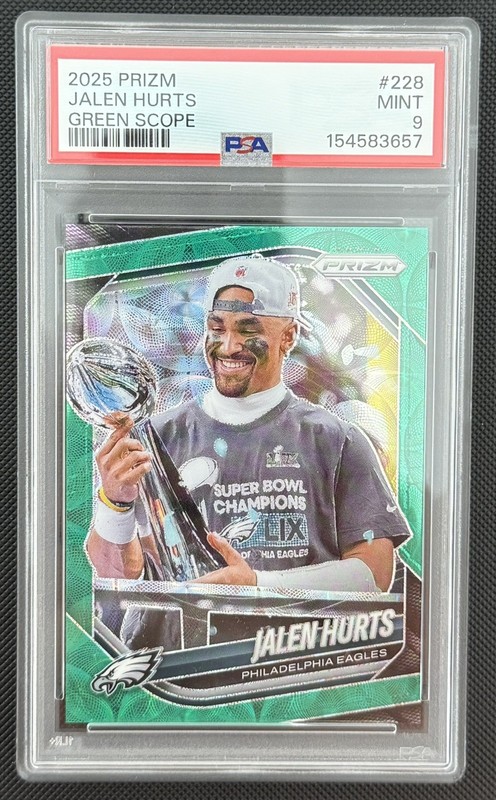 Jalen Hurts 2025 Panini Prizm 228 Green Scope Eagles Super Bowl /75 PSA 9 MINT