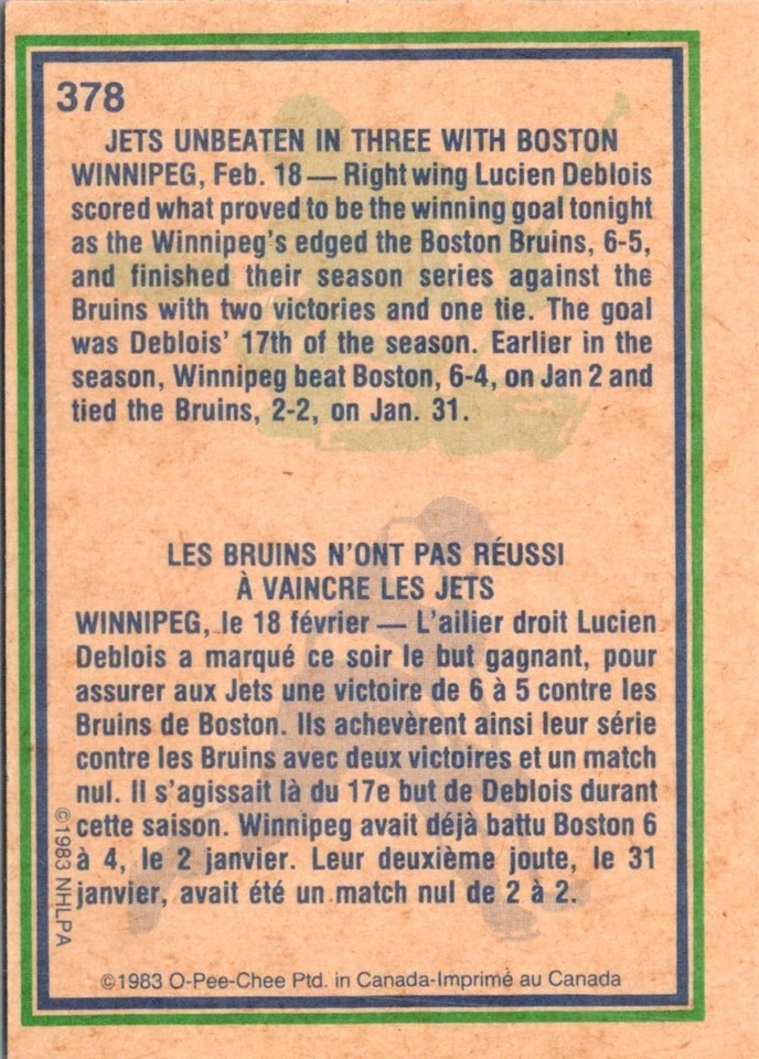 1983 O-Pee-Chee Lucien DeBlois #378 Winnipeg Jets Hockey Card - Image 2 of 2
