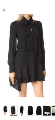 Parker Women Black Solid Long-Sleeve Kenji Tie-Neck Tiered Mini Dress Size Small
