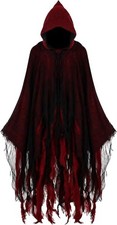 Grim Reaper Cloak Halloween Costume Hooded Linen Black Mesh Witch Wizard Cosplay