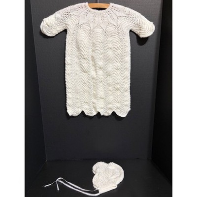 Handmade Knit Christening Gown and Bonnet Set White Pointelle Leaf 21 Inch Long